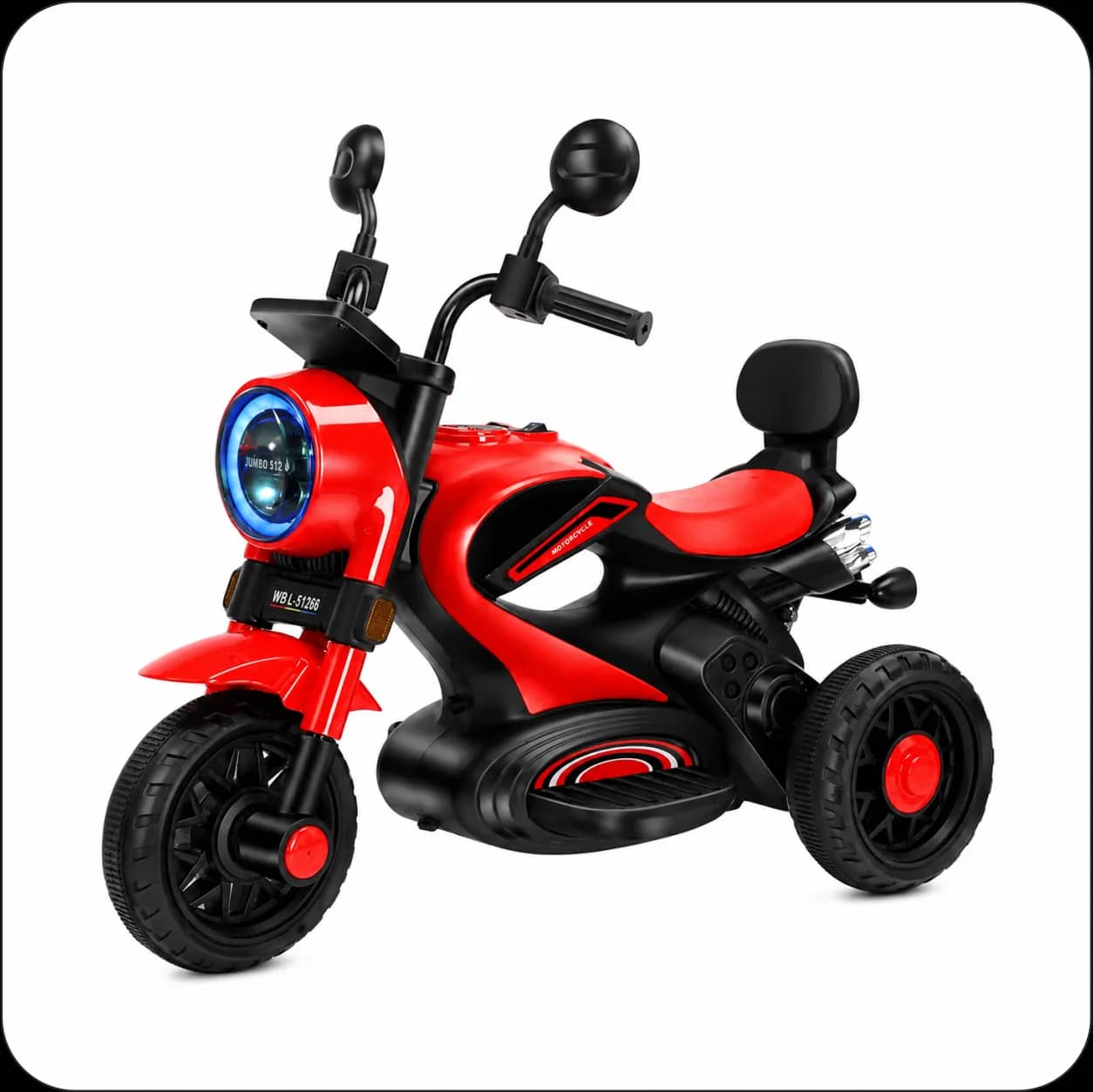 Jumbo 512/6611 Kids Electric Bike | Battery Operated Ride-On Motorcycle for Kids with 3-Wheel Design, Front LED Headlight, Rear-View Mirrors, Comfortable Seat & Footrest – Red & Black – image 1