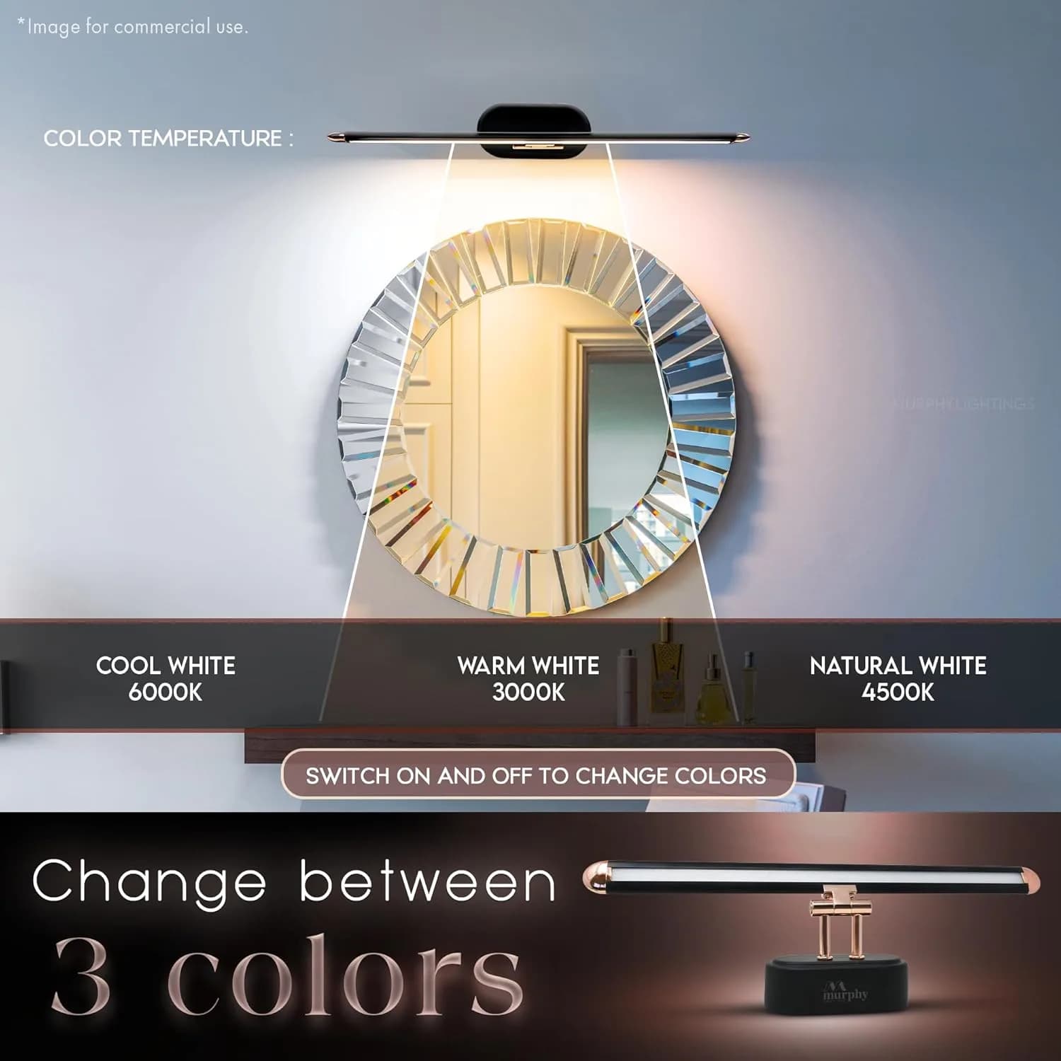 Murphy 6W 3-in-1 Color Chnaging Black Rose Gold Finish LED Mirror Picture Wall Light,Bathroom Vanity Led Mirror Light with 2 Year Warranty (Cool White/Warm White/Natural White)-Pack of 1 – image 4