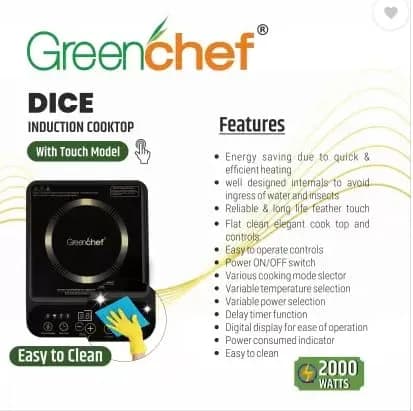 Greenchef New Launch Dice 2000 Watt Induction Cooktop, LED Touch Panel, Black – image 3