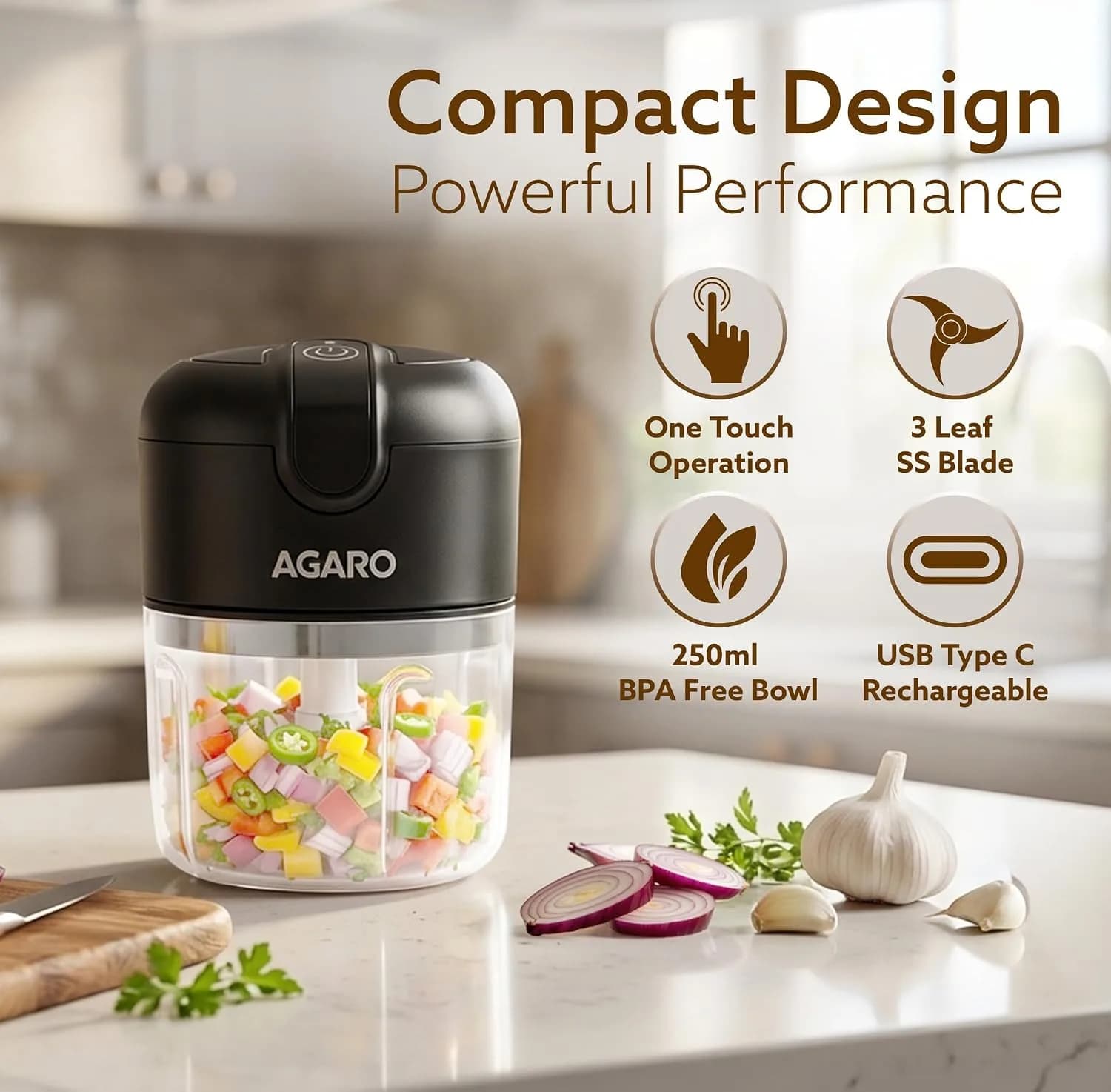AGARO Elite Rechargeable Mini Electric Chopper, Food Grade Bowl, Stainless Steel Blades, Rechargeable, One Touch Operation, for Chopping Garlic, Ginger, Onion, Vegetable, Nuts, 250 Ml, Black – image 7