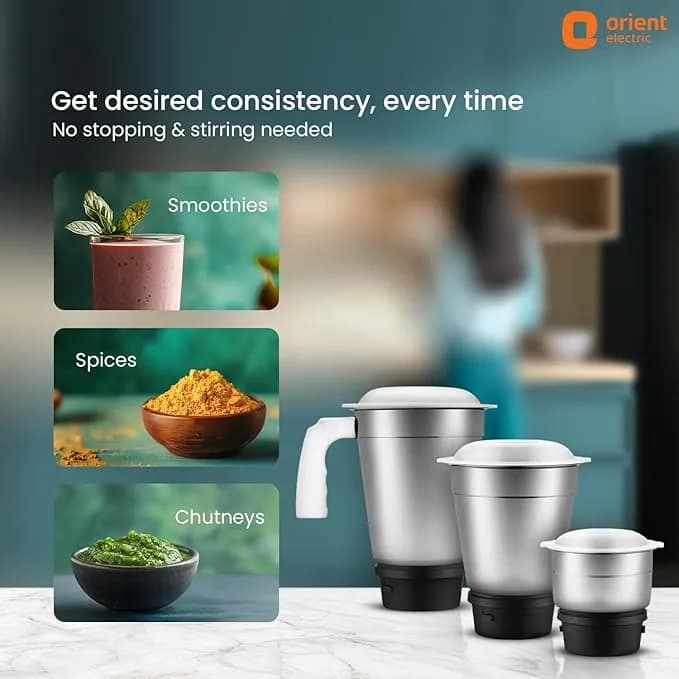 Orient Electric 500W mixer grinder | Kitchen Kraft 500 MGKK50B3 with 3 SS jars | Longer life balanced coil motor | ABS body | Uniform grinding | 5 years motor warranty – image 2