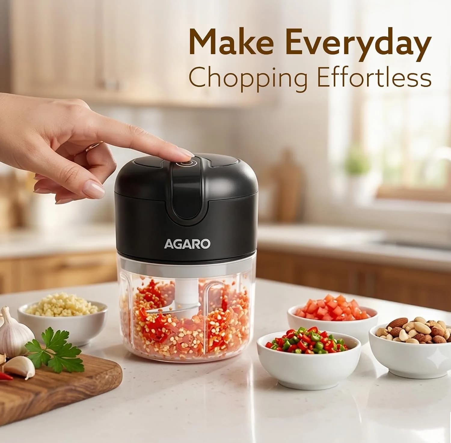 AGARO Elite Rechargeable Mini Electric Chopper, Food Grade Bowl, Stainless Steel Blades, Rechargeable, One Touch Operation, for Chopping Garlic, Ginger, Onion, Vegetable, Nuts, 250 Ml, Black – image 9