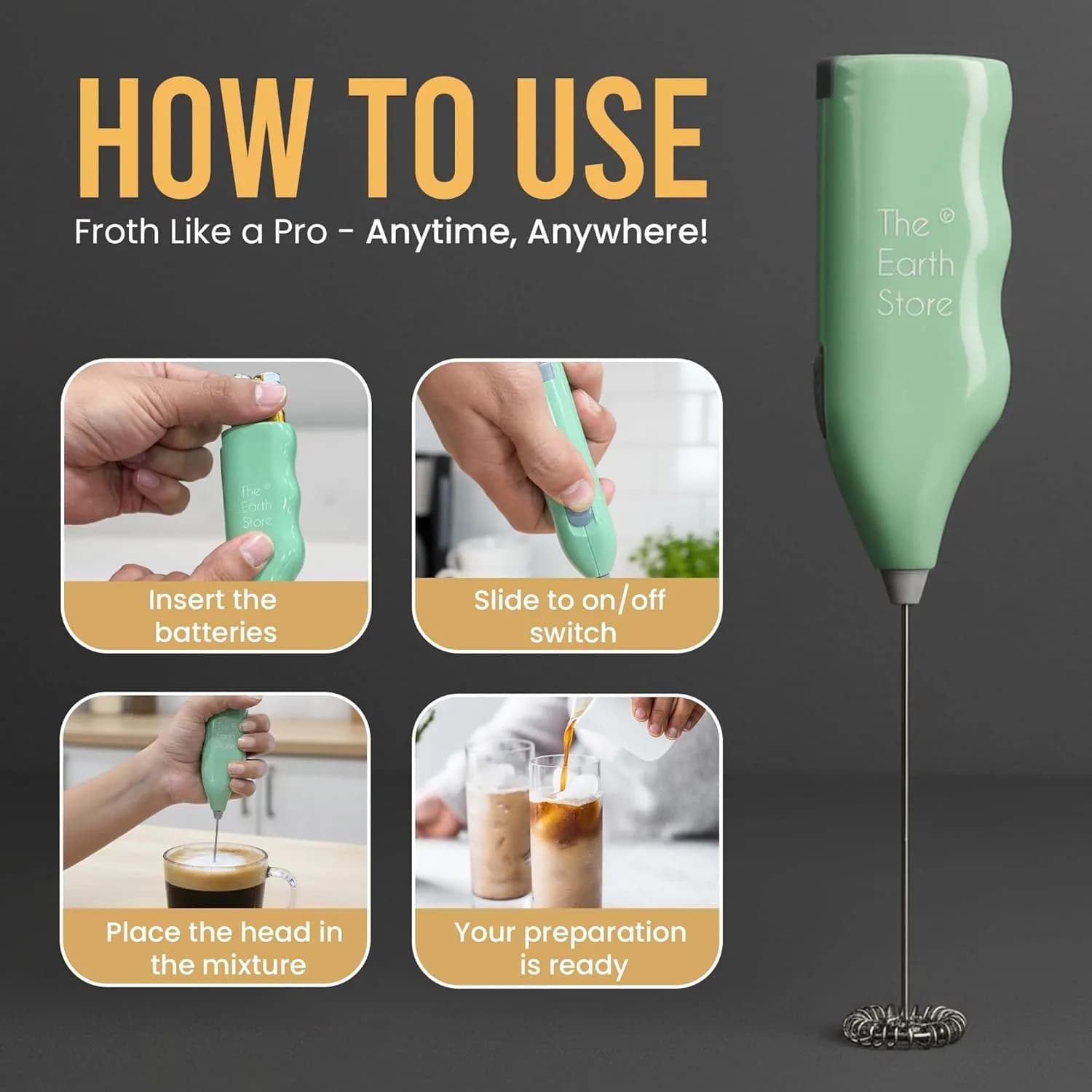 The Earth Store Swifther Handheld Assorted Coffee Frother Electric Milk Frother for Lattes Shakes Mini Foamer for Cappuccino, Frappe, Matcha, Egg Beater Hand Blender (Battery Operated) – image 6