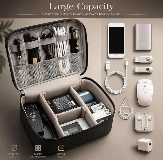 Cable Organizer Case Bag – Travel Gadget & Hard Disk Bag – Water-Resistant Portable Storage, Sleek Black (6-Month Warranty) – image 4