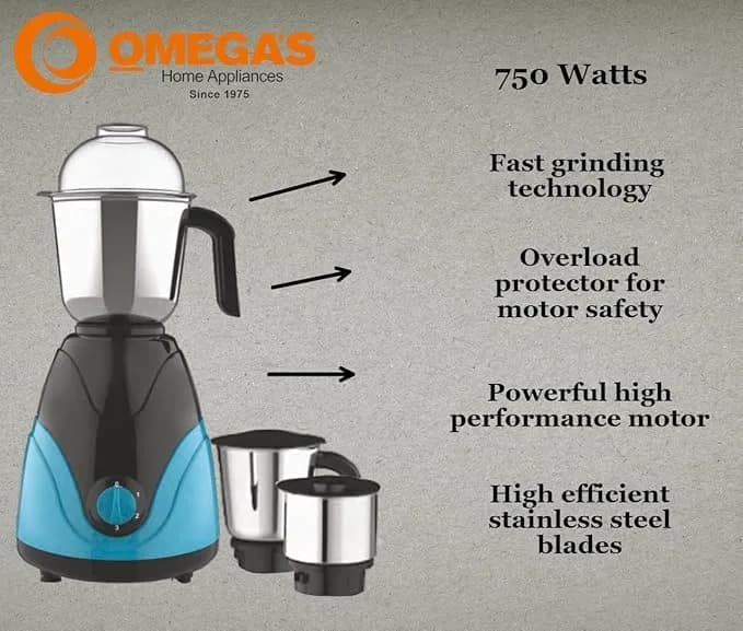 Omega’s Bullet Powerfull Grinding | Heavy Duty Operation | Low Noise Operaton | Mixer Grinder 750 W, 3 Jars (Sea green) – image 2