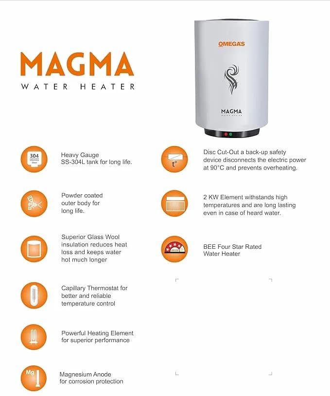 Omega’s Magma 10 L Storage Water Heater with Rust proof body and Thermal Cut Out, 4 star, White – image 2