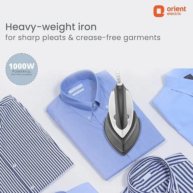 Orient Electric Ultimate |1000W Heavy Weight Dry iron (Press) | Non-stick Weilburger coating| Silver Layered Thermostat| U-shaped heating element| ISI certified| 2-year replacement warranty by Orient – image 3