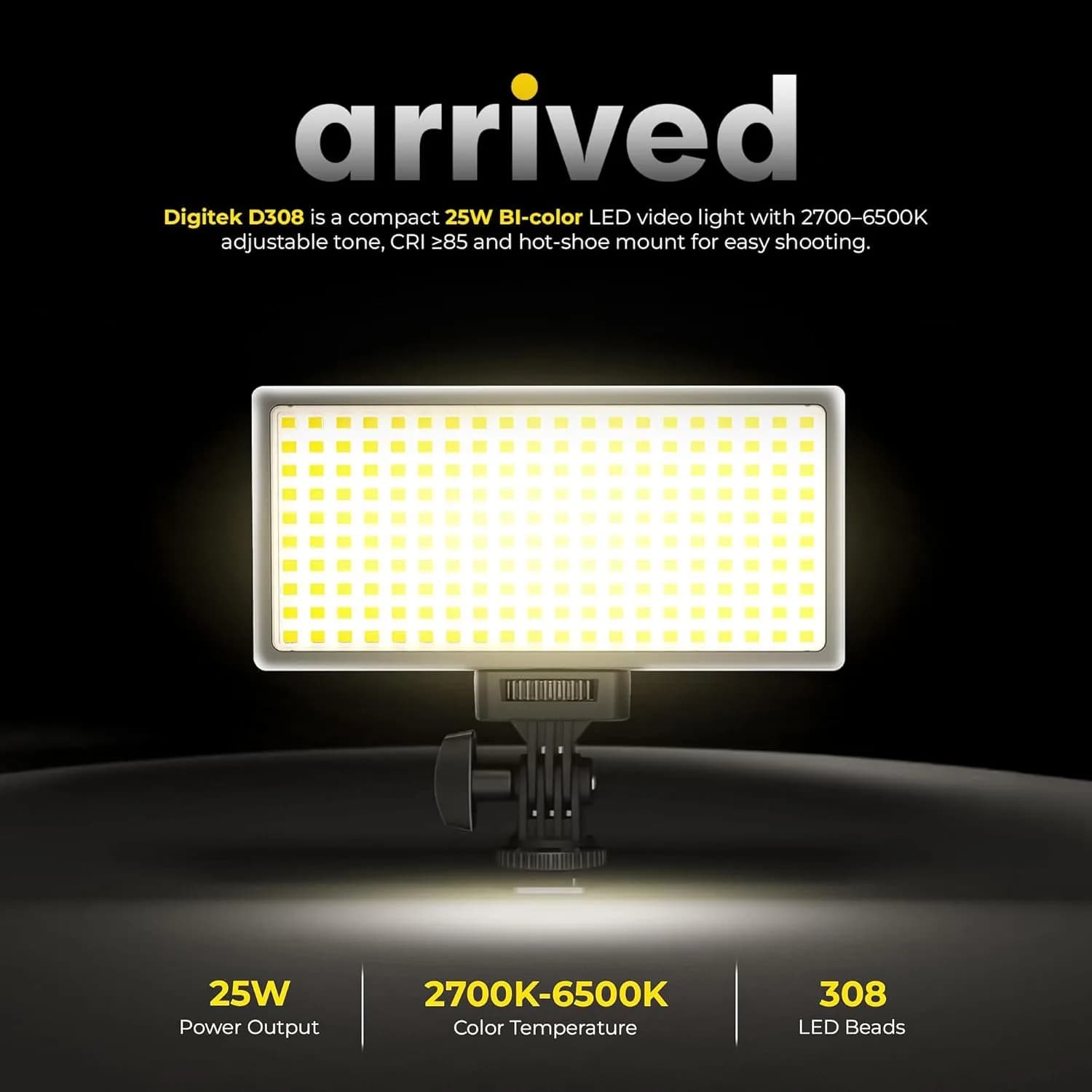 Digitek (LED-D308) 25W Bi-Color LED Video Light with Hot Shoe Mount, 2700K–6500K Adjustable Color Temperature, 308 LEDs, 2860LM Brightness, For YouTube, Photography, Video Shoot (Battery Not Included) – image 8