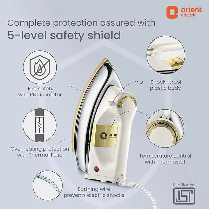 Orient Electric Kratos | 1000 W Heavy Weight Dry Iron (Press) | 2-year Replacement warranty by Orient | Non-stick Soleplate | 180-degree swivel cord| U-shaped heating element | Silver cast Technology – image 3