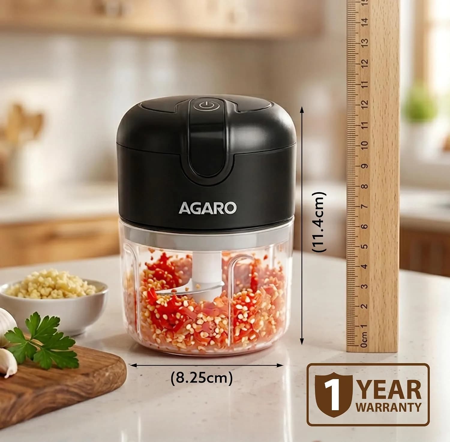 AGARO Elite Rechargeable Mini Electric Chopper, Food Grade Bowl, Stainless Steel Blades, Rechargeable, One Touch Operation, for Chopping Garlic, Ginger, Onion, Vegetable, Nuts, 250 Ml, Black – image 8