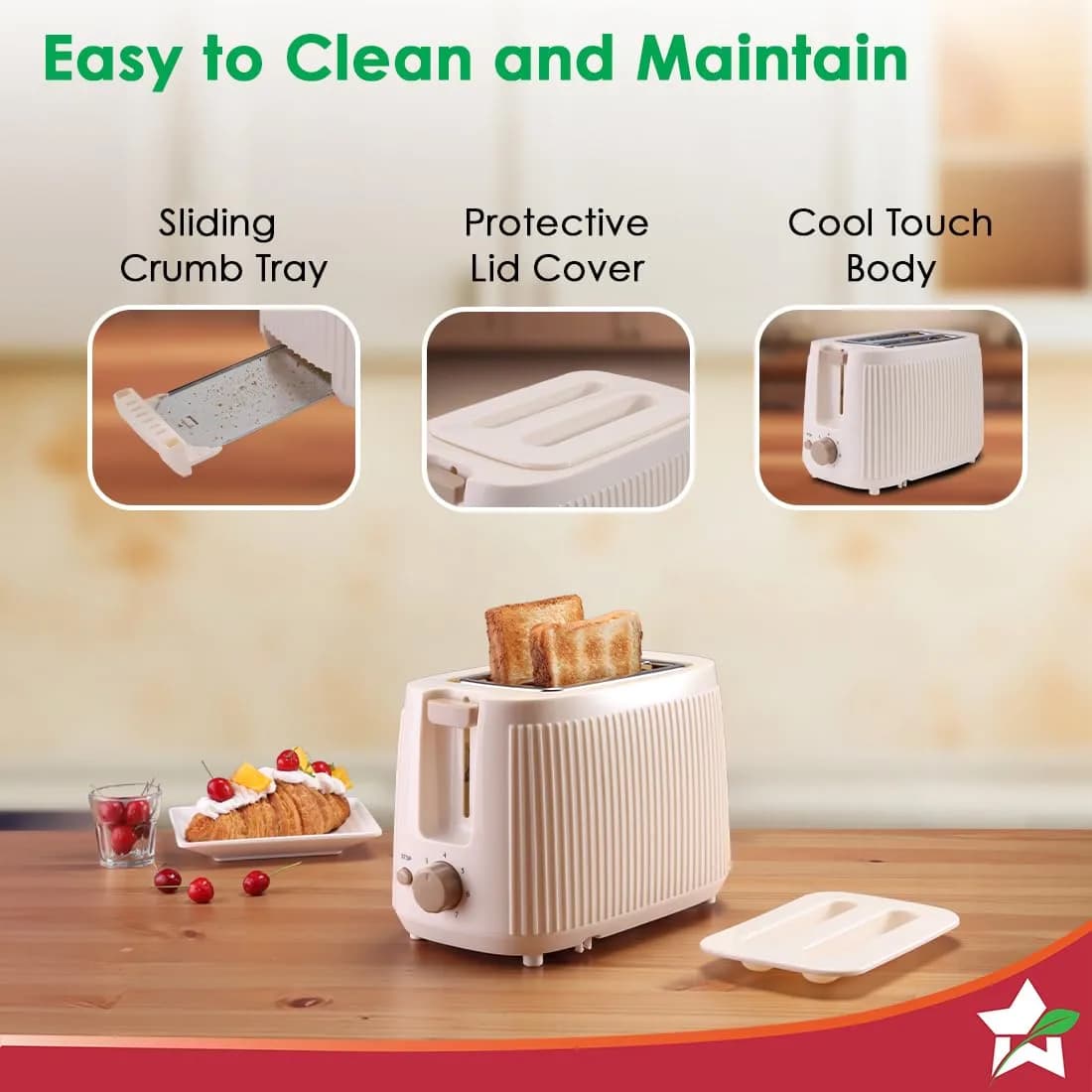 Wonderchef Regalia 2-Slice Pop-up Toaster with Lid Cover, 7 Browning Options for Golden Crispy Bread Toasts, Mid-Cycle Cancel Function, Slide-out Crumb Tray, 2-Yr Warranty, Ivory, Electric Toaster – image 3