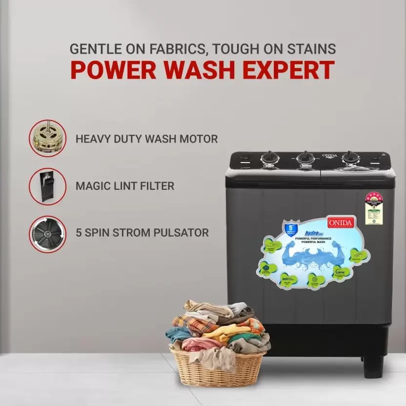 ONIDA 7 kg 5 Star With Five-Fin Storm Pulsator Semi Automatic Top Load Washing Machine Black, Grey (S70GR) – image 2