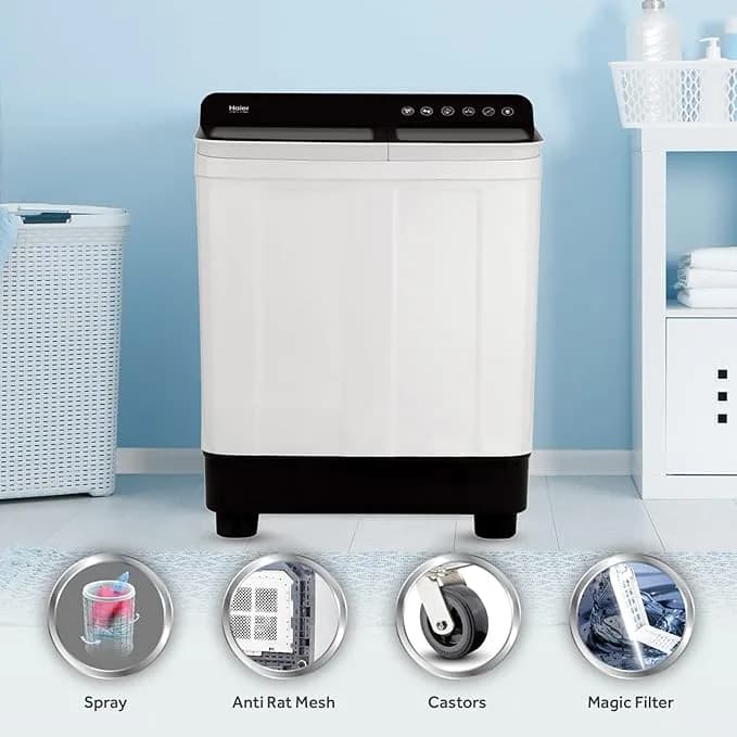 Roll over image to zoom in VIDEO Haier 7 Kg 5 star SEMI Automatic Top Loading Washing Machine HTW70-178BKN, Black, Anti Bacterial anti bacterial vortex Pulsator,2024, Magic Filter, 1300 RPM & Castors) – image 3