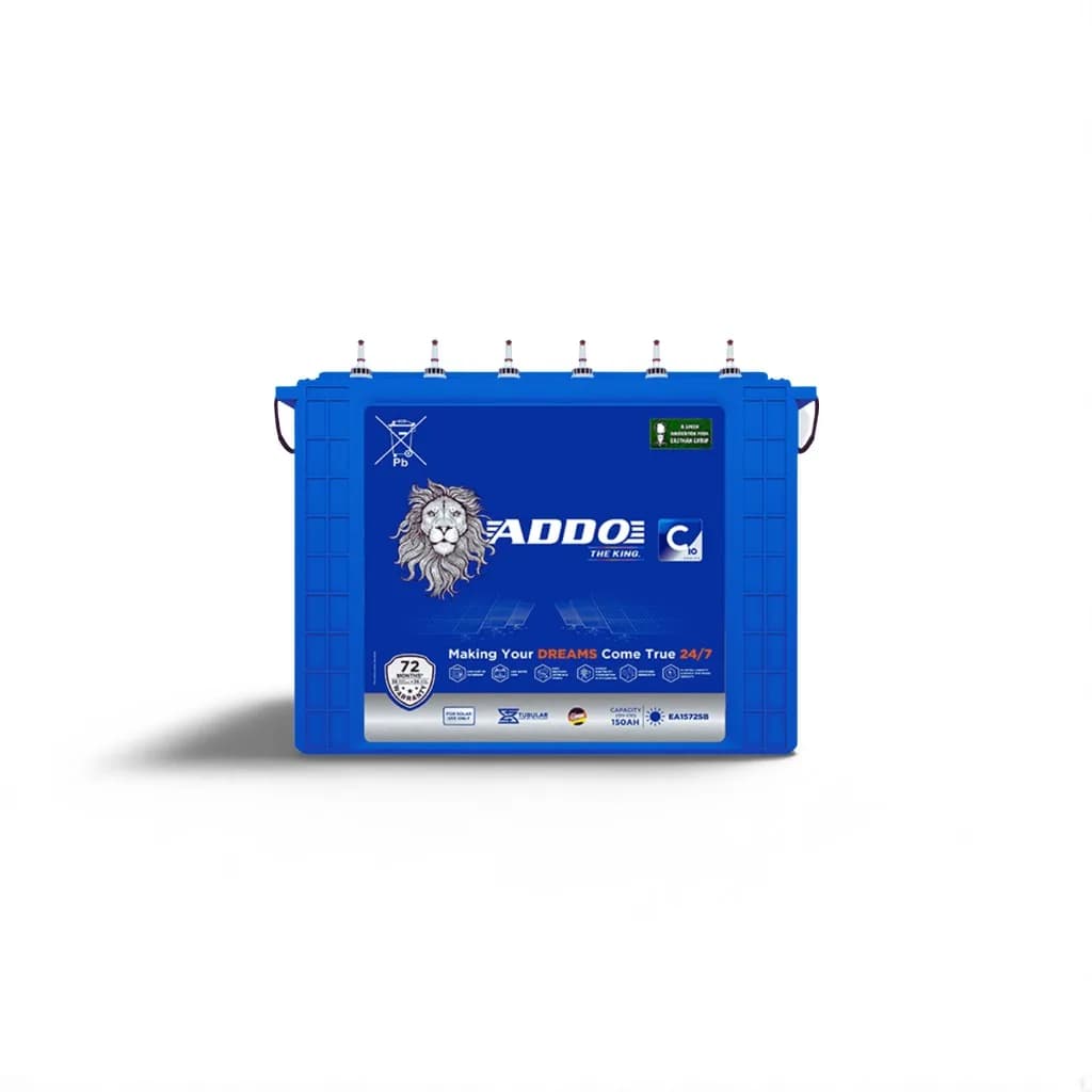 ADDO 150AH Short Tubular Battery EA150JST with 48-month warranty, blue casing, and lion logo displayed on the front.
