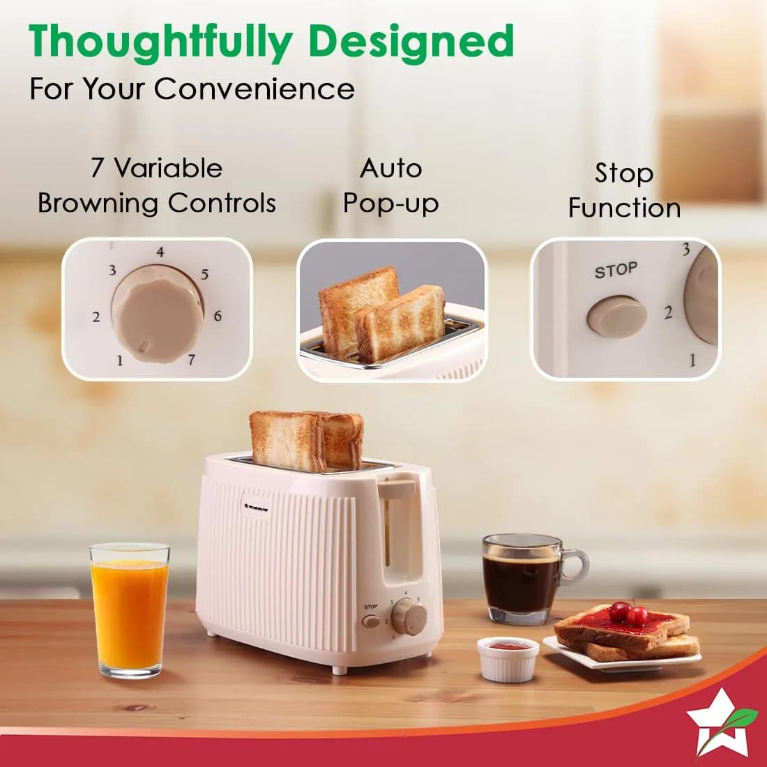 Wonderchef Regalia 2-Slice Pop-up Toaster with Lid Cover, 7 Browning Options for Golden Crispy Bread Toasts, Mid-Cycle Cancel Function, Slide-out Crumb Tray, 2-Yr Warranty, Ivory, Electric Toaster – image 5