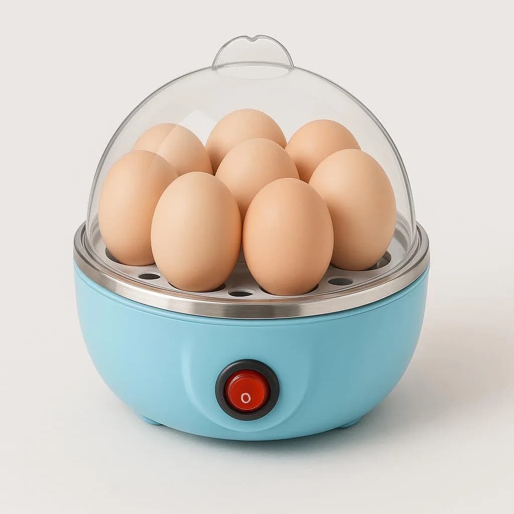 Electric Egg Boiler | 350 Watt | Boils Upto 7 Eggs | Automatic | 3 Boiling Modes | Overheat Protection | Egg Poacher| Stainless Steel Heating Plate, Measuring Cup | 75ml | Plastic | BLUE