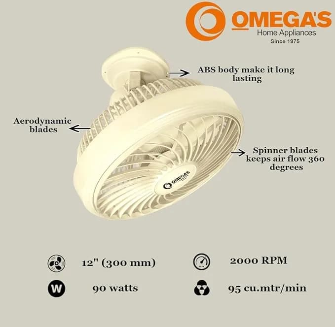 Omega’s Cabin Fan 12 inch | Rotating Front Grill | High Speed | for Small Cabin | Offices | Kitchen | 300 mm, (White) – image 2