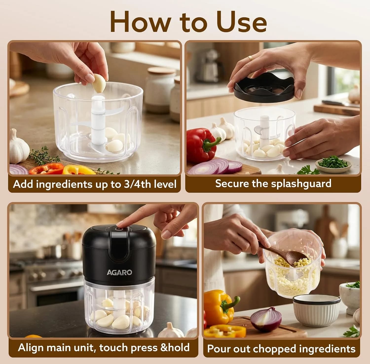 AGARO Elite Rechargeable Mini Electric Chopper, Food Grade Bowl, Stainless Steel Blades, Rechargeable, One Touch Operation, for Chopping Garlic, Ginger, Onion, Vegetable, Nuts, 250 Ml, Black – image 5