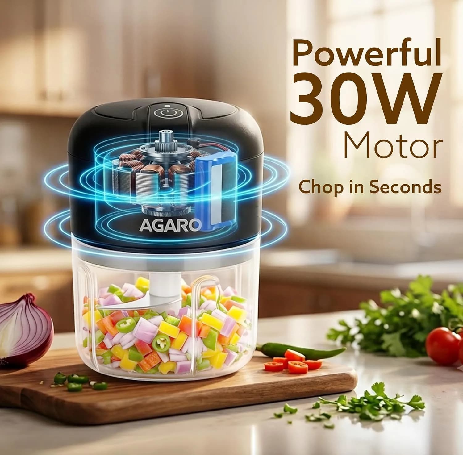 AGARO Elite Rechargeable Mini Electric Chopper, Food Grade Bowl, Stainless Steel Blades, Rechargeable, One Touch Operation, for Chopping Garlic, Ginger, Onion, Vegetable, Nuts, 250 Ml, Black – image 3